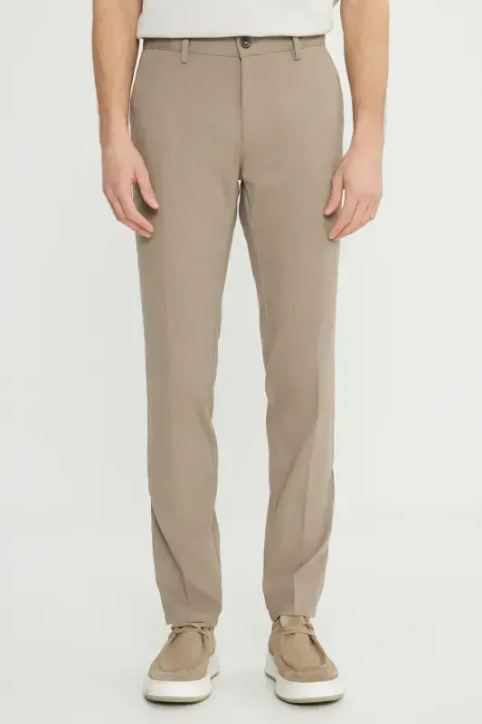 Men's Camel Slim Fit Narrow Cut Cotton Stretch Textured Side Pocket Trousers - ALTINYILDIZ CLASSICS