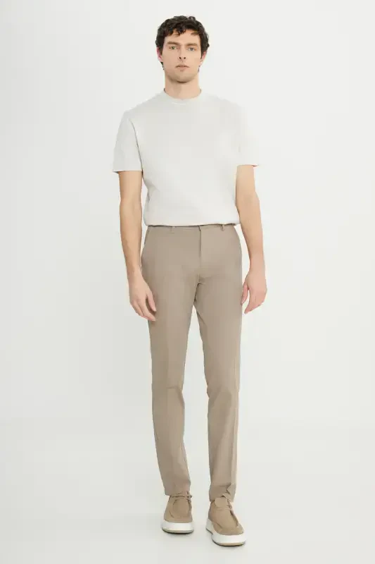 Men's Camel Slim Fit Narrow Cut Cotton Stretch Textured Side Pocket Trousers - 6