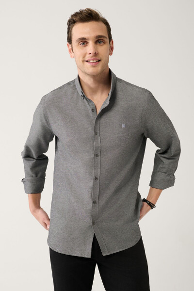 Men's Charcoal Button-Down Easy-Iron Oxford Cotton Regular Fit Shirt E002000 - 8