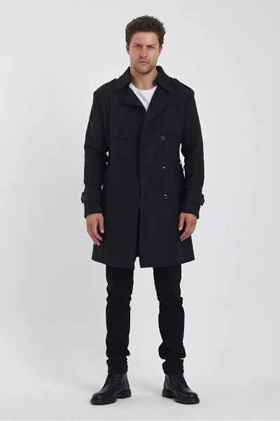 Men's Charcoal Double-Breasted Long Slim Fit Peacoat - 10