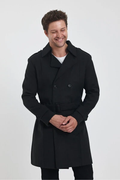 Men's Charcoal Double-Breasted Long Slim Fit Peacoat - 12
