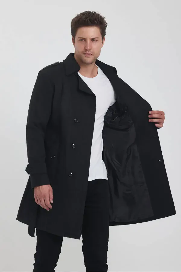 Men's Charcoal Double-Breasted Long Slim Fit Peacoat - 14