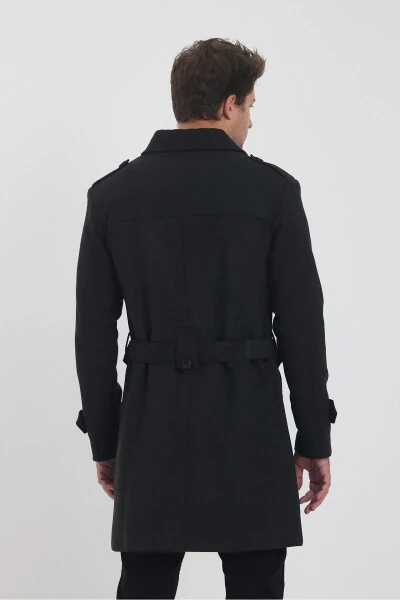 Men's Charcoal Double-Breasted Long Slim Fit Peacoat - 15