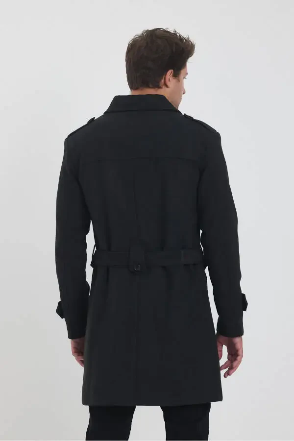 Men's Charcoal Double-Breasted Long Slim Fit Peacoat - 15