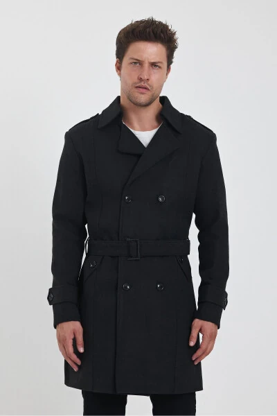 Men's Charcoal Double-Breasted Long Slim Fit Peacoat - TREND KOMBİN