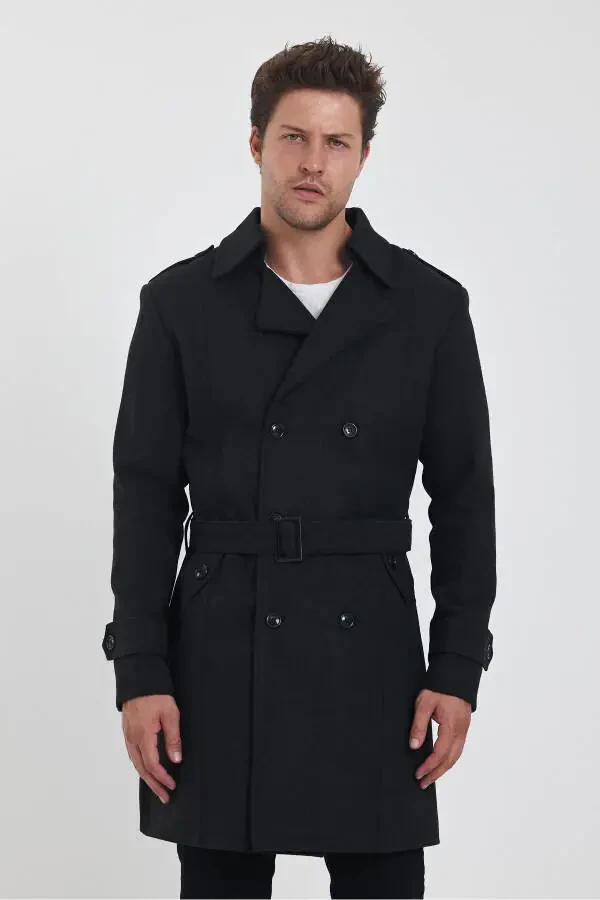 Men's Charcoal Double-Breasted Long Slim Fit Peacoat - 1