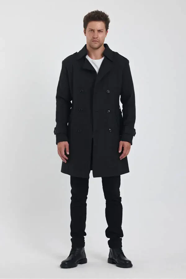Men's Charcoal Double-Breasted Long Slim Fit Peacoat - 2