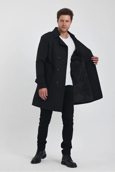 Men's Charcoal Double-Breasted Long Slim Fit Peacoat - 3