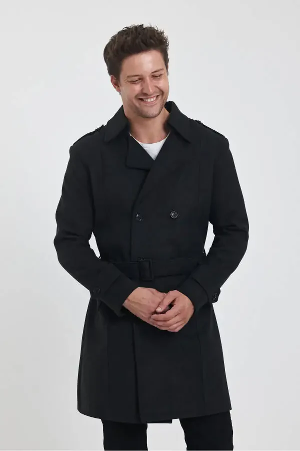 Men's Charcoal Double-Breasted Long Slim Fit Peacoat - 4