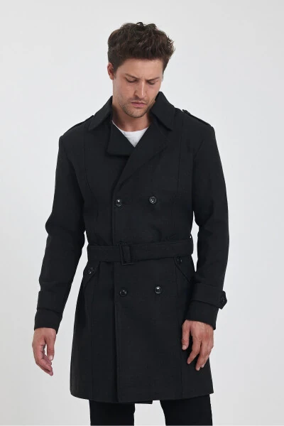 Men's Charcoal Double-Breasted Long Slim Fit Peacoat - 5
