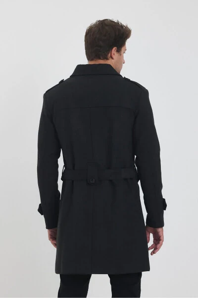 Men's Charcoal Double-Breasted Long Slim Fit Peacoat - 7