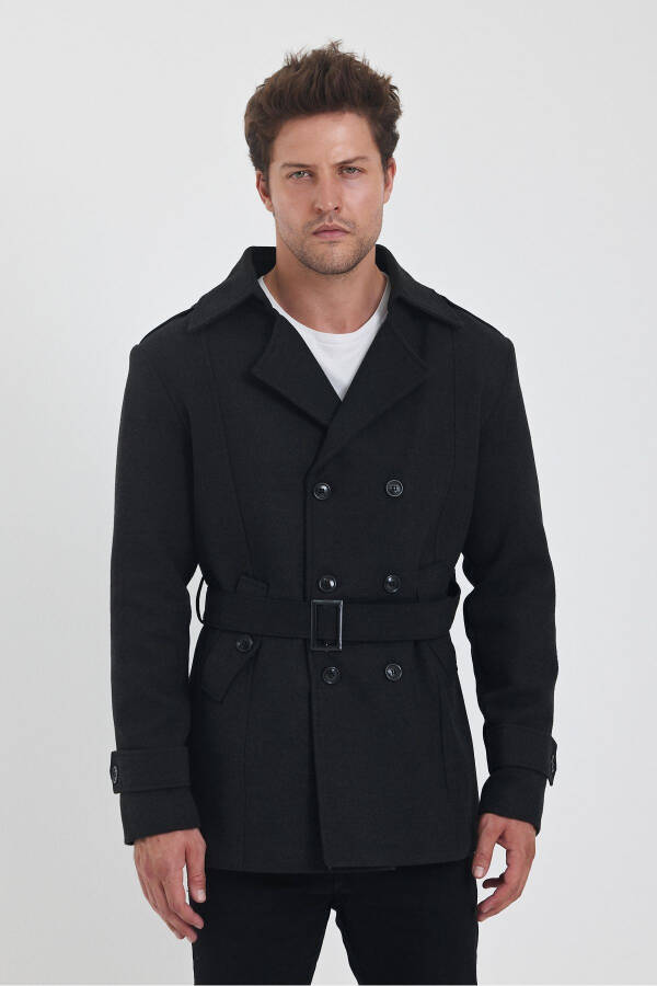 Men's Charcoal Double Breasted Slim Fit Wool Coat - 9