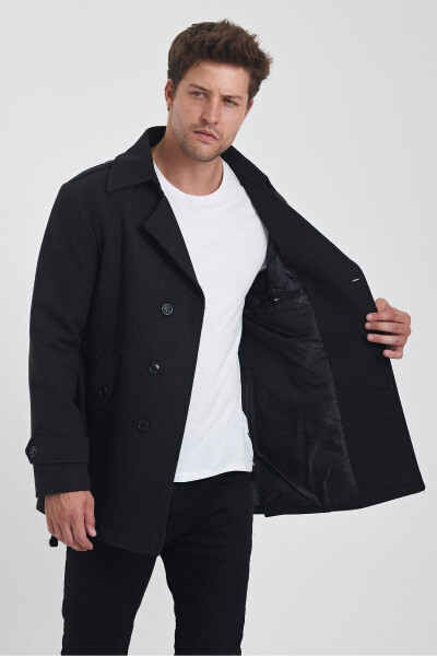 Men's Charcoal Double Breasted Slim Fit Wool Coat - 10