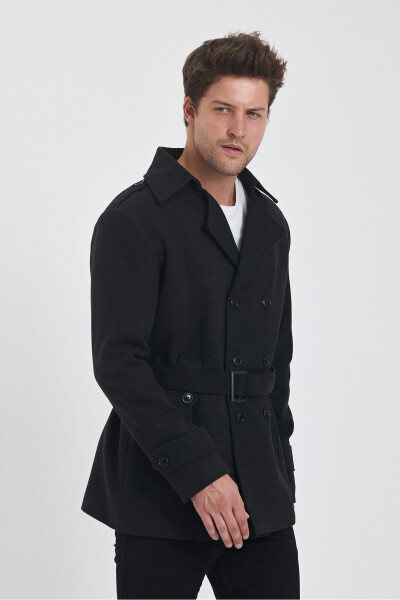 Men's Charcoal Double Breasted Slim Fit Wool Coat - 12