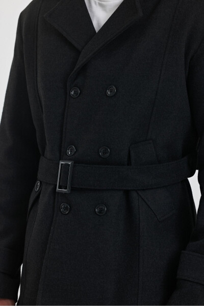 Men's Charcoal Double Breasted Slim Fit Wool Coat - 4