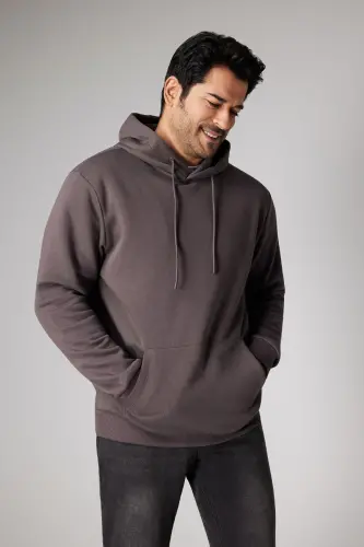 Men's Charcoal Grey Standard Fit Fleece Lined 3 Thread Hoodie with Kangaroo Pocket Cotton Sweatshirt - Charcoal Grey - 10