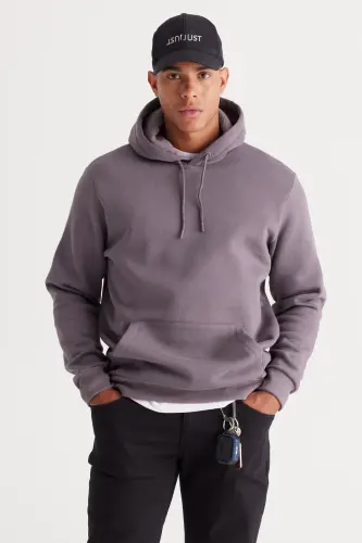 Men's Charcoal Grey Standard Fit Fleece Lined 3 Thread Hoodie with Kangaroo Pocket Cotton Sweatshirt - Charcoal Grey - 12