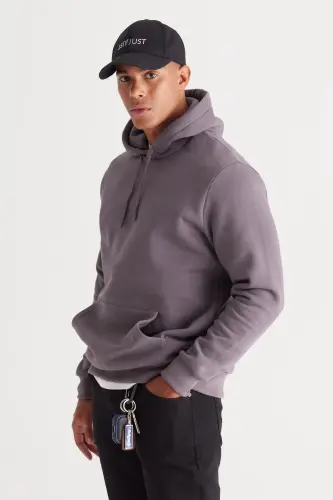 Men's Charcoal Grey Standard Fit Fleece Lined 3 Thread Hoodie with Kangaroo Pocket Cotton Sweatshirt - Charcoal Grey - 13