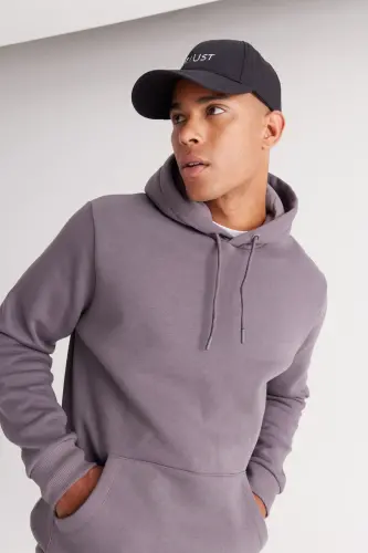 Men's Charcoal Grey Standard Fit Fleece Lined 3 Thread Hoodie with Kangaroo Pocket Cotton Sweatshirt - Charcoal Grey - 15