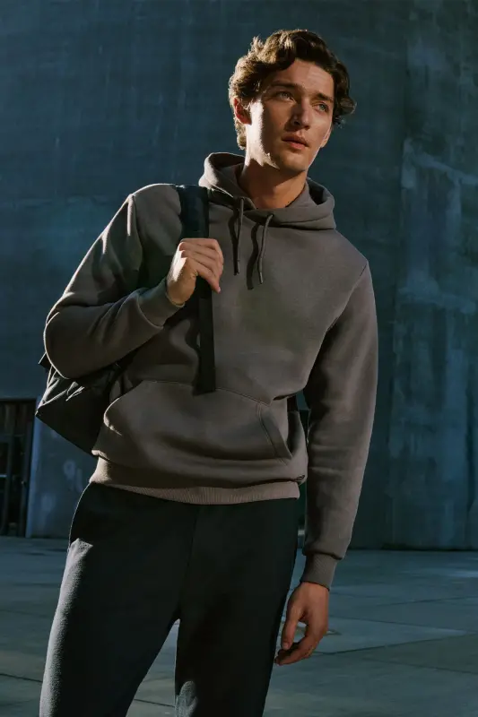 Men's Charcoal Grey Standard Fit Fleece Lined 3 Thread Hoodie with Kangaroo Pocket Cotton Sweatshirt - Charcoal Grey - 3