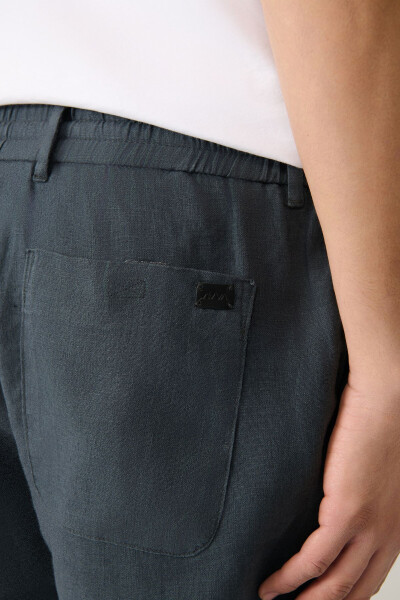 Men's Charcoal Issos Relaxed Fit Trousers with Elastic Waistband 100% Linen B003032 - 7