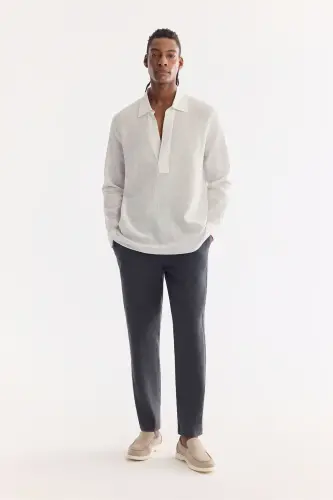 Men's Charcoal Issos Relaxed Fit Trousers with Elastic Waistband 100% Linen B003032 