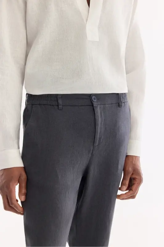Men's Charcoal Issos Relaxed Fit Trousers with Elastic Waistband 100% Linen B003032 - 4