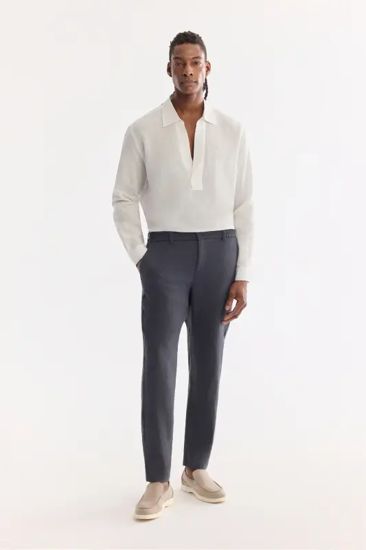 Men's Charcoal Issos Relaxed Fit Trousers with Elastic Waistband 100% Linen B003032 - 7