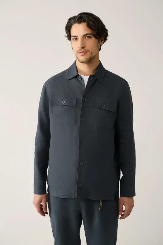 Men's Charcoal Linen Blazer Classic Collar 100% Linen Comfort Fit A41y2087 - AVVA