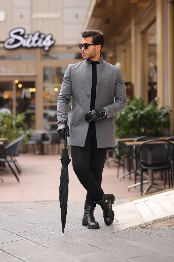 Men's Charcoal Slim Fit Peacoat - 1