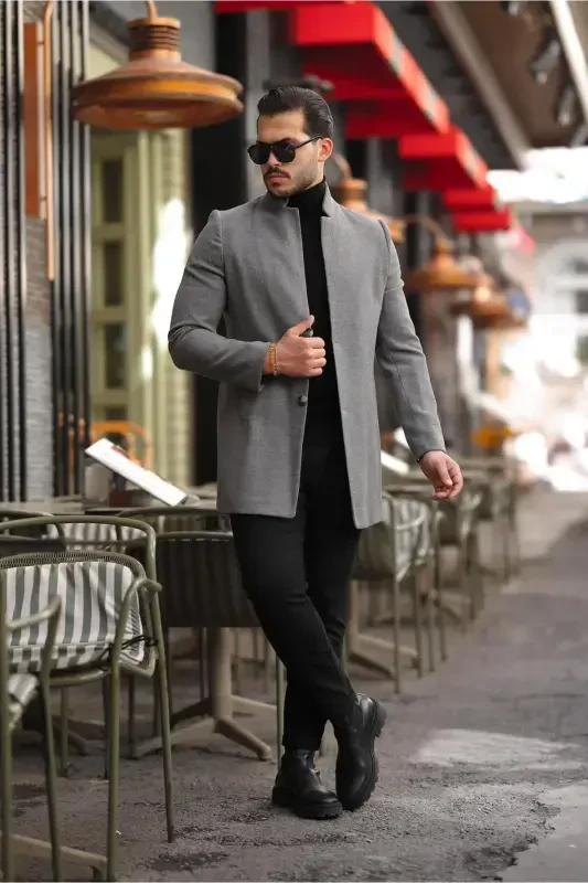 Men's Charcoal Slim Fit Peacoat - SER JOVEN