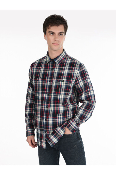 Men's checkered, blue, long-sleeved, regular fit shirt - 1