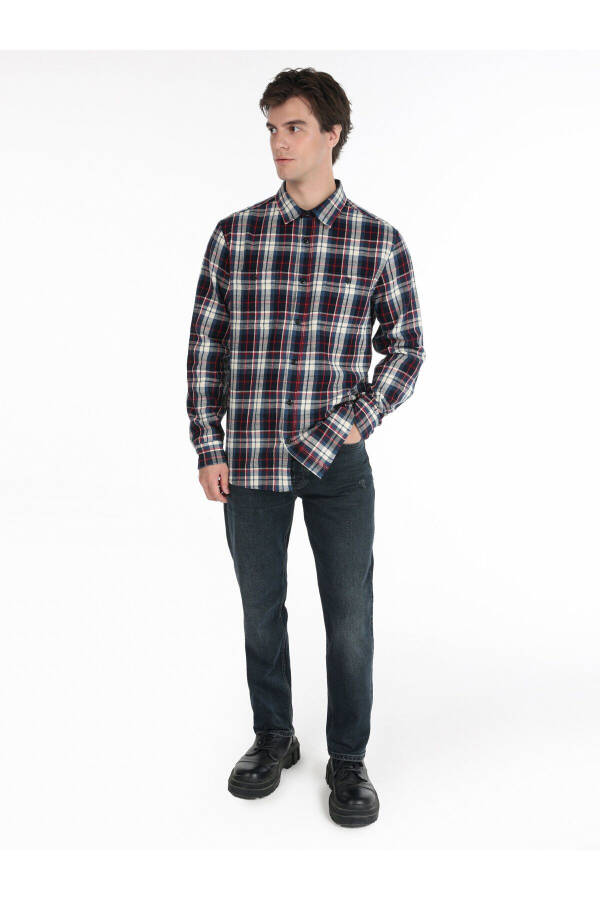 Men's checkered, blue, long-sleeved, regular fit shirt - 3