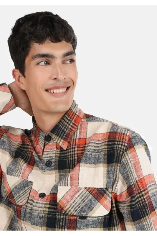 Men's checkered orange long-sleeved shirt - 4