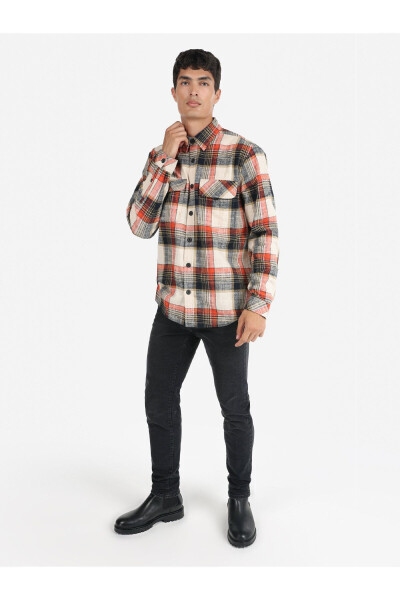 Men's checkered orange long-sleeved shirt - 3