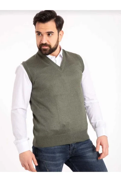 Men's checkered V-neck thin knit sweater - GENEL MARKALAR