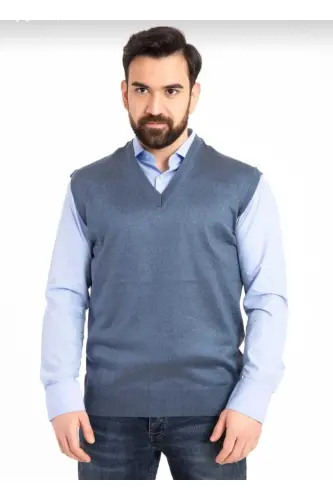 Men's checkered V-neck thin knit sweater - INDIGO 