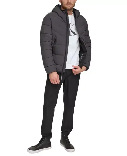 Men's Chevron Stretch Jacket With Sherpa Lined Hood - 3