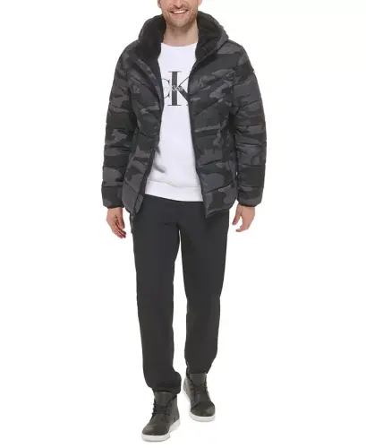 Men's Chevron Stretch Jacket With Sherpa Lined Hood - Black Camo - 1