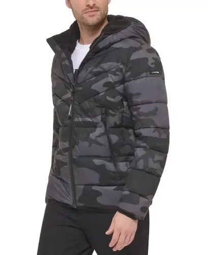 Men's Chevron Stretch Jacket With Sherpa Lined Hood - Black Camo - 4