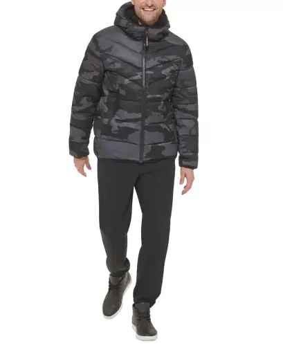 Men's Chevron Stretch Jacket With Sherpa Lined Hood - Black Camo - 5