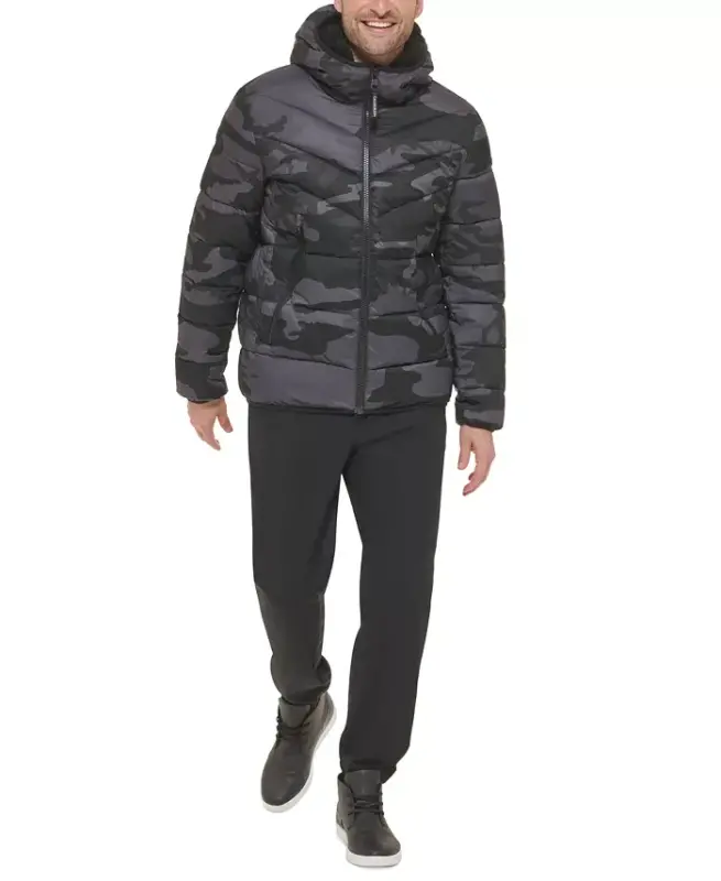 Men's Chevron Stretch Jacket With Sherpa Lined Hood - Black Camo - 5