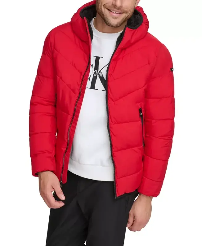 Men's Chevron Stretch Jacket With Sherpa Lined Hood - Deep Red - 1