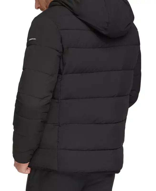 Men's Chevron Stretch Jacket With Sherpa Lined Hood-Ebony - 2