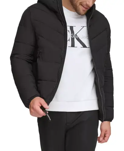 Men's Chevron Stretch Jacket With Sherpa Lined Hood-Ebony - 3