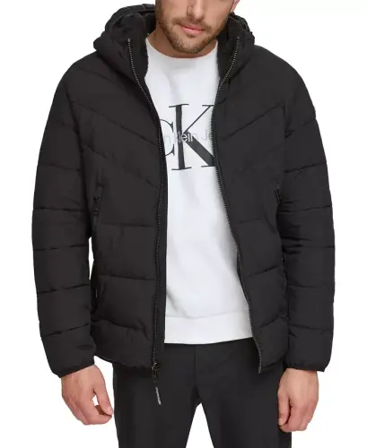Men's Chevron Stretch Jacket With Sherpa Lined Hood-Ebony 