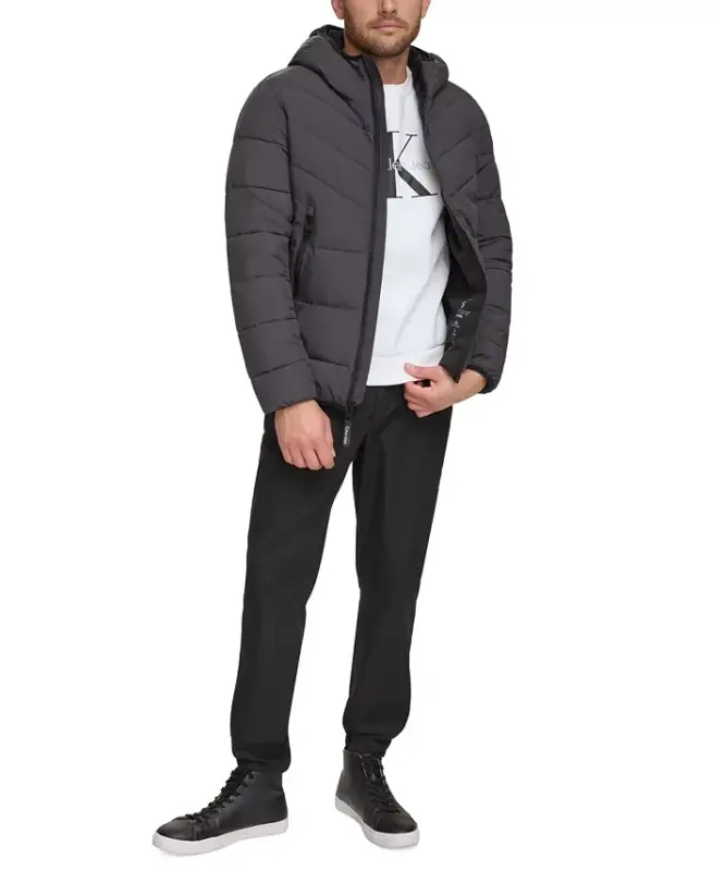 Men's Chevron Stretch Jacket With Sherpa Lined Hood - Iron - 3