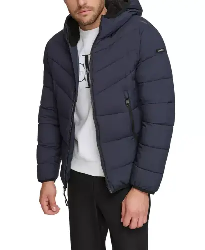 Men's Chevron Stretch Jacket With Sherpa Lined Hood-True Navy 
