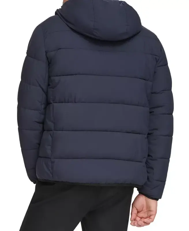 Men's Chevron Stretch Jacket With Sherpa Lined Hood-True Navy - 2