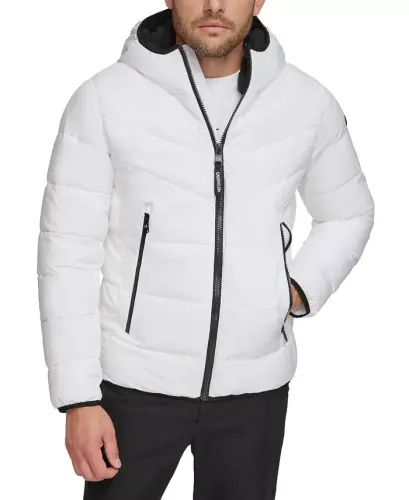 Men's Chevron Stretch Jacket With Sherpa Lined Hood - White - 1